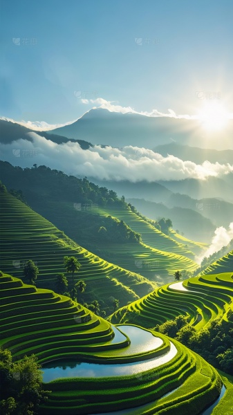 谷雨光影感梯田山水背景