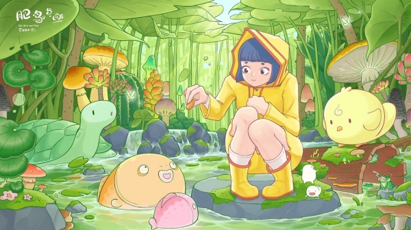 非常可爱的肥鸟与鱼插画