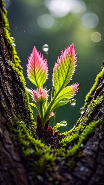 晨露的阳光照射的春天的绿叶