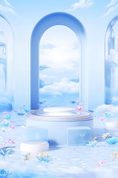 3D蓝色电商C4D立体空间场景素材背景