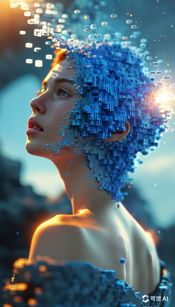 美丽女人的蓝色渐变色溶解像素墙