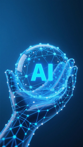 深蓝色渐变背景，一只由发光蓝色线条和点构成的抽象手