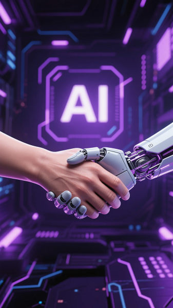 画面是一只手和AI数字人握手，背景充满科技，深紫色系