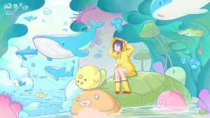 时尚的肥鸟与鱼插画