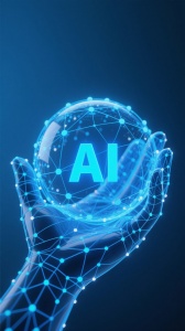 深蓝色渐变背景，一只由发光蓝色线条和点构成的抽象手