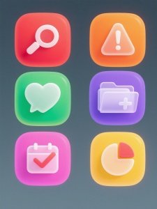 一组6个不同造型的系列UI图标素材集合，保持3D立体风格、半透明渐变质感